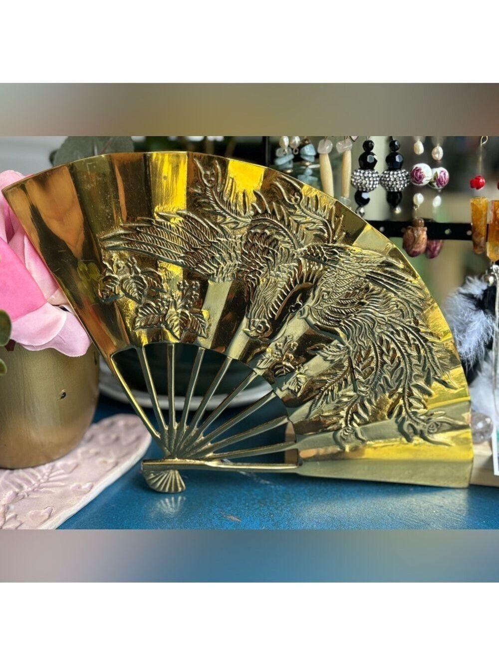 VINTAGE Taiwan ROC Gold Tone Phoenix Fan • Ornate Relief Art • Prosperity Decor - Picture 3 of 16